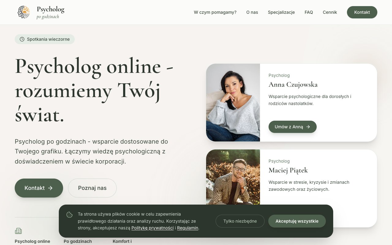 Screenshot strony Psycholog Po Godzinach - Psycholog Online